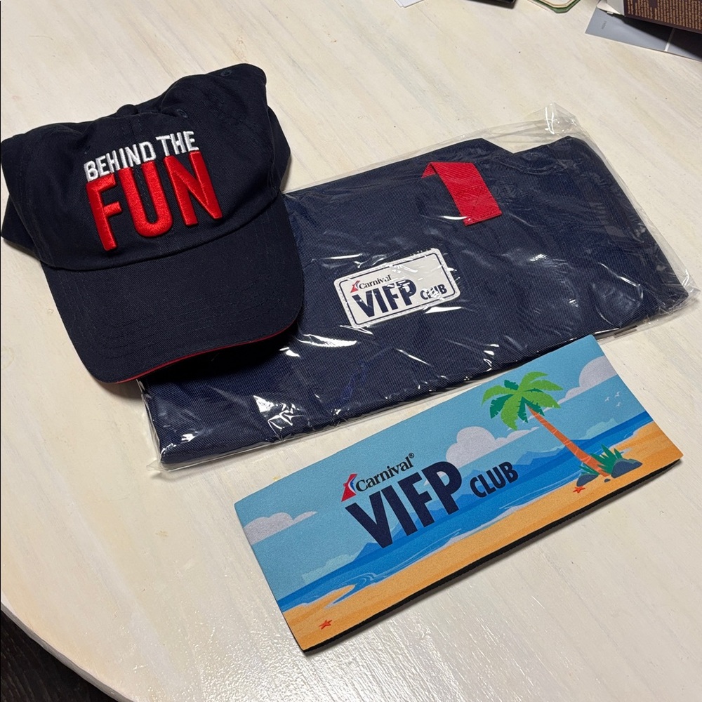 NEW Carnival Cruise Blue VIFP Club Tote bag, Behind the Fun hat, and coozi.  1